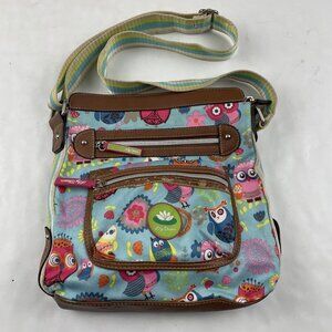 Lily Bloom Crossbody Purse Owls Medium Size Blue Brown Polyester Canvas